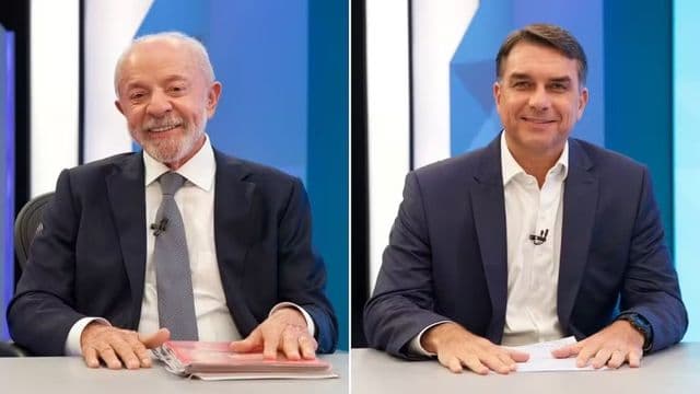 Flávio Bolsonaro e Lula no estúdio do debate da Globo em São Paulo